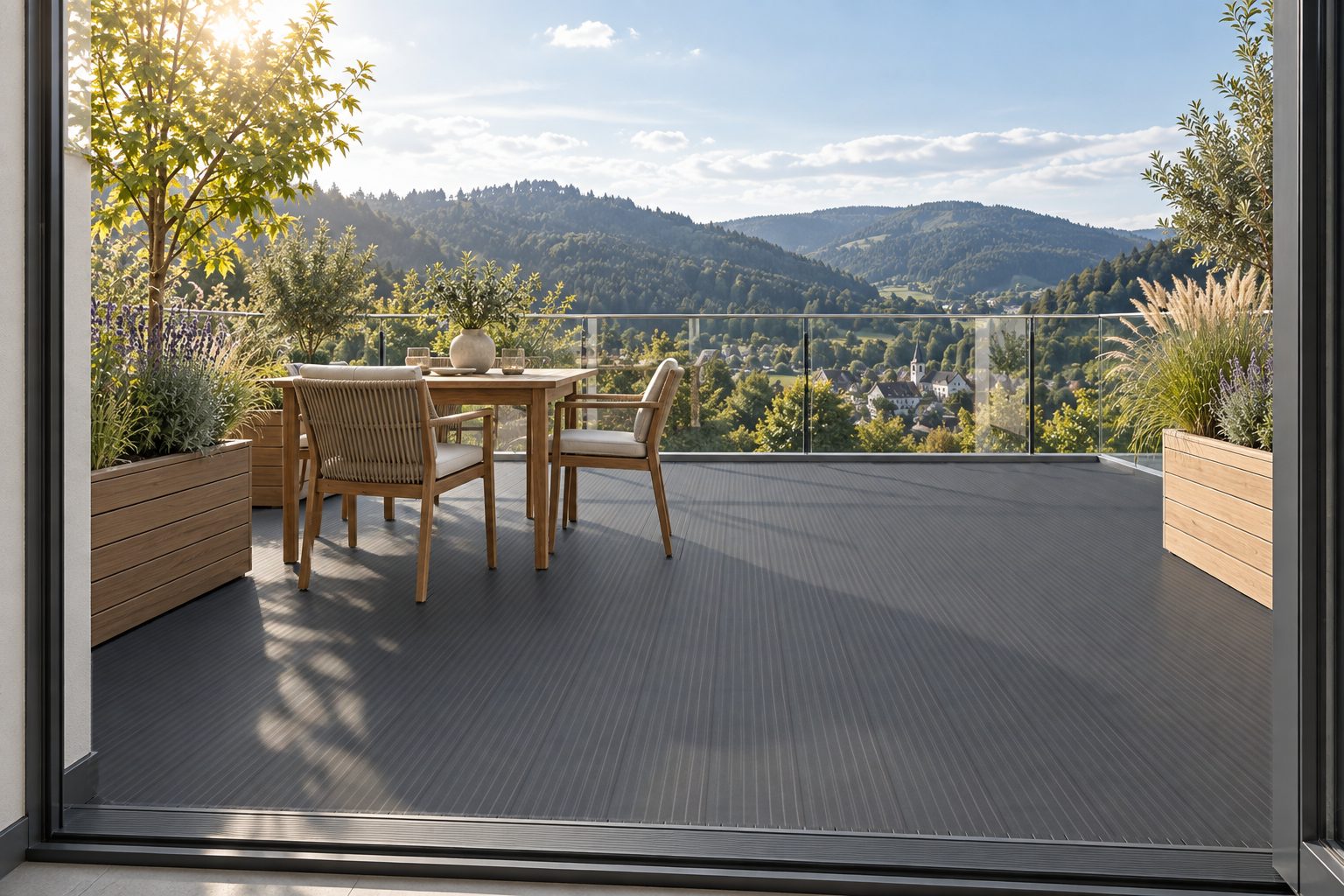 Dachterrasse mit dunkelgrauen AluTeck-Aluminiumdielen, Teaktisch und Stühlen, Glasgeländer und Blick ins Kinzigtal