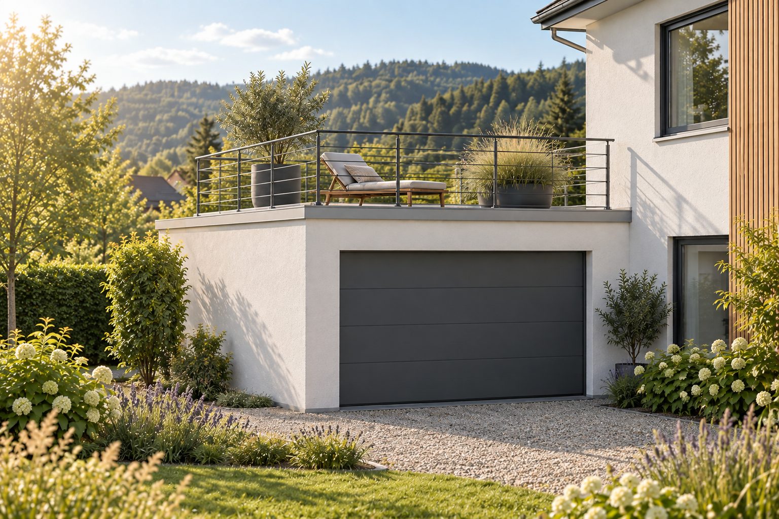 Garage mit begehbarem Flachdach, Geländer, Liege und Pflanzkübeln an einem sanierten Einfamilienhaus