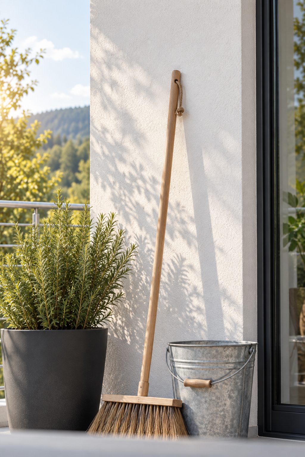 Weicher Besen und Zinkeimer lehnen neben einem Rosmarintopf an der Hauswand auf dem Balkon