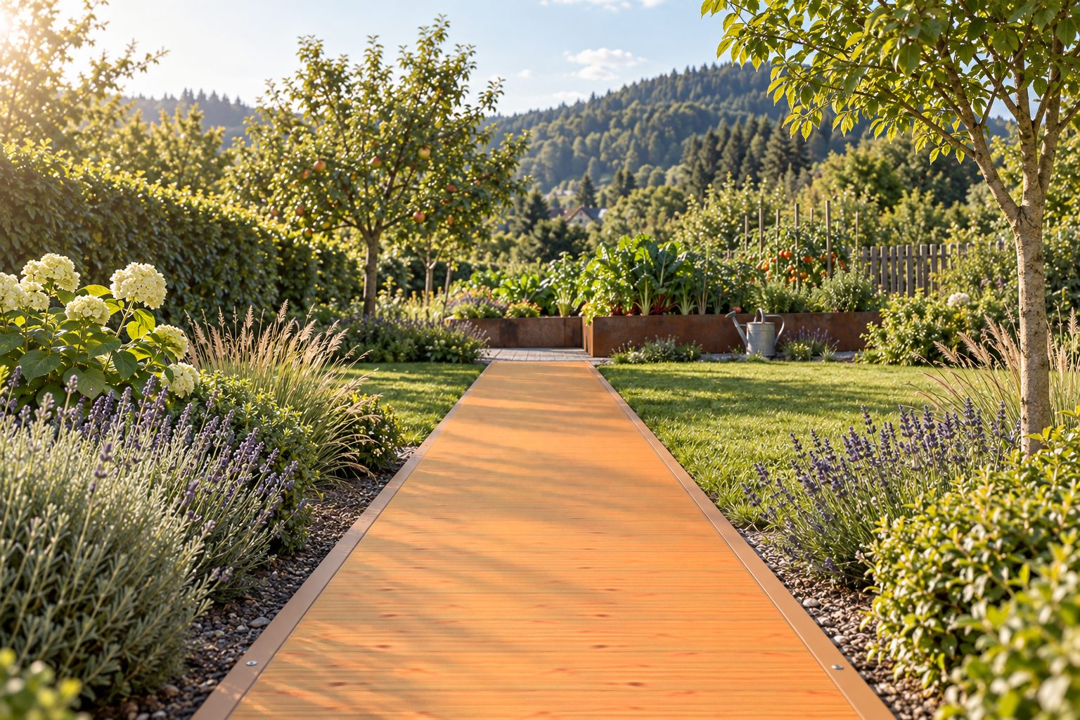 Gerader Gartenweg aus quer verlegten AluTeck-Aluminiumdielen in Holzoptik hell durch einen Garten mit Lavendel und Obstbäumen