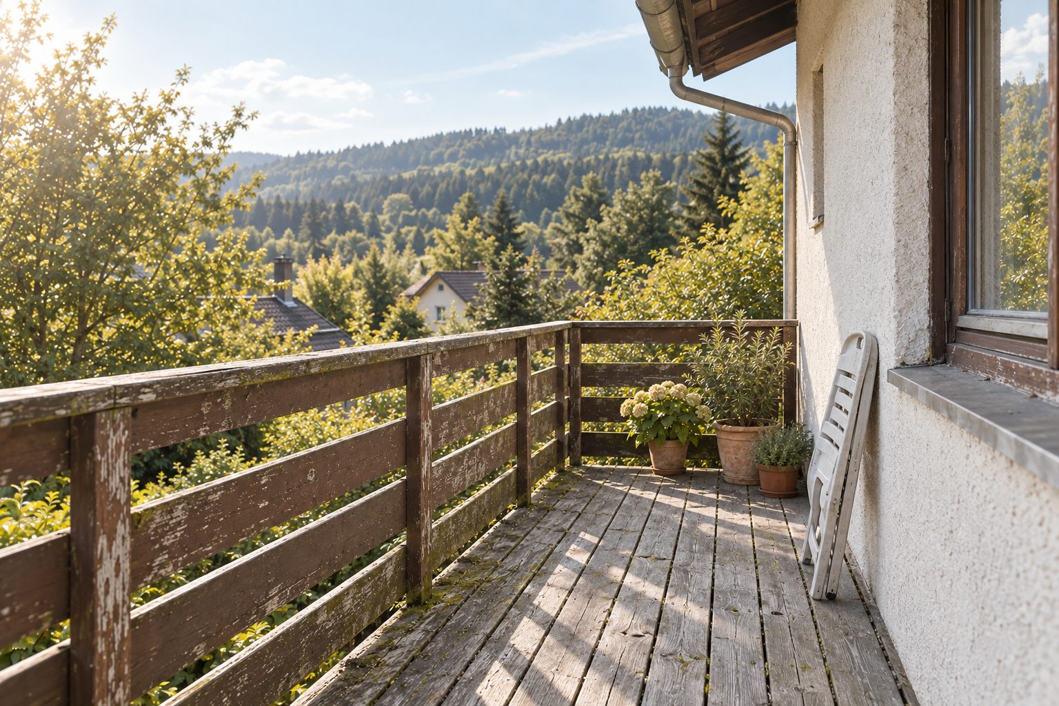 Verwitterter Holzbalkon mit vergrauten Dielen und abblätterndem Geländer vor der Sanierung