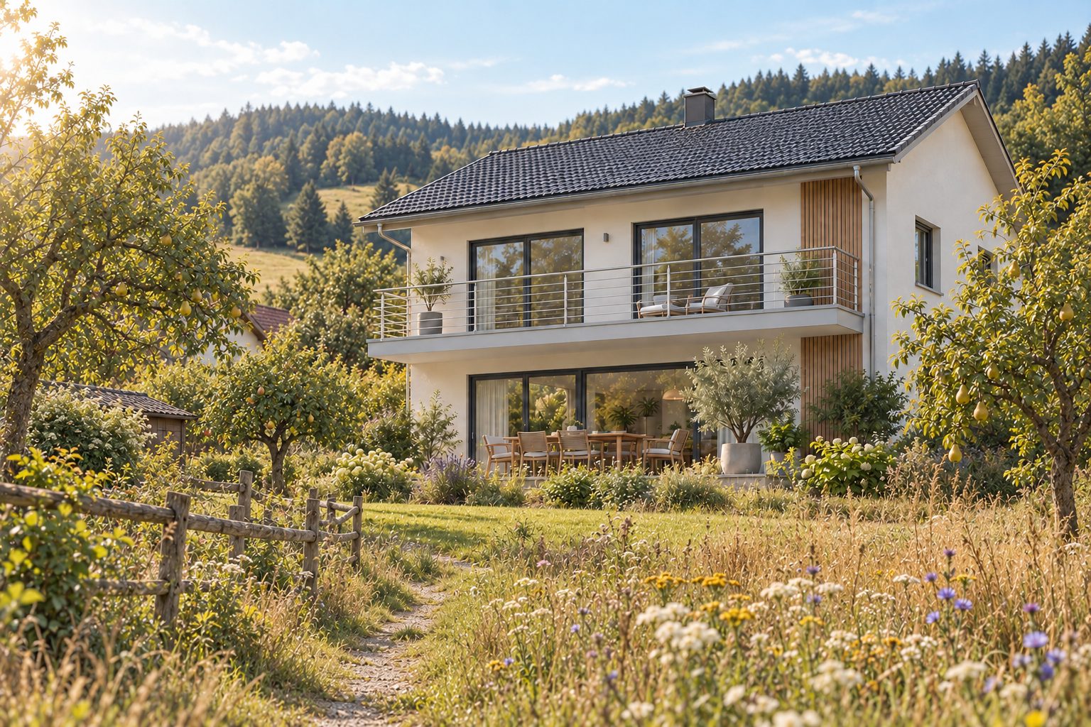 Saniertes Einfamilienhaus am Hang mit Balkon und Terrasse, davor Wiese mit Blühstreifen, Pfad, Holzzaun und Obstbäumen, dahinter bewaldete Hügel