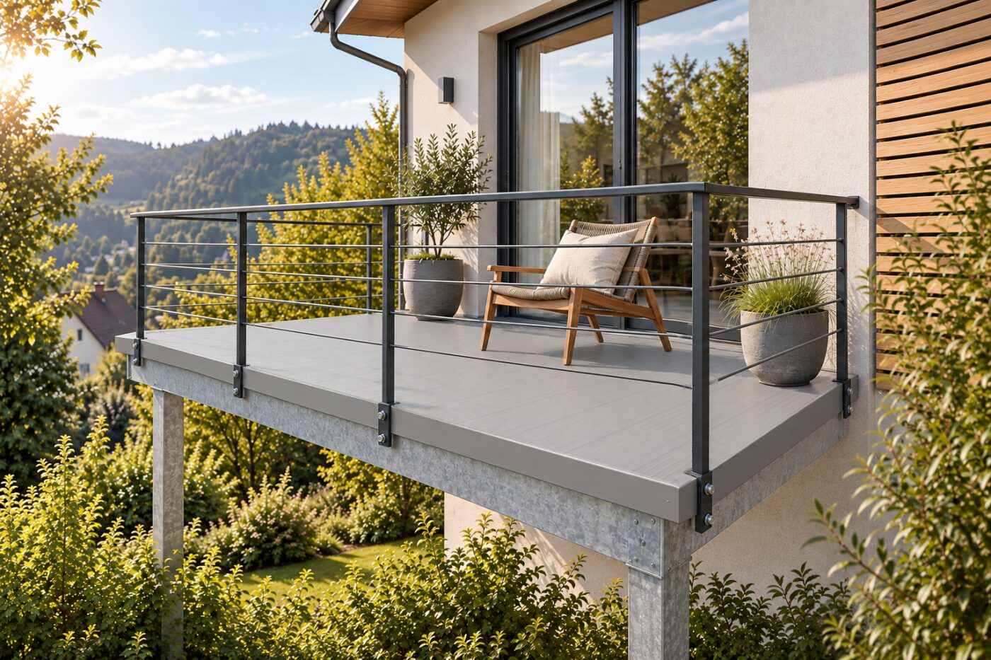Balkon im Obergeschoss, mit verzinktem Stahlrahmen und Stützen erweitert, neuer Belag aus grauen AluTeck-Aluminiumdielen mit Abdeckwinkel