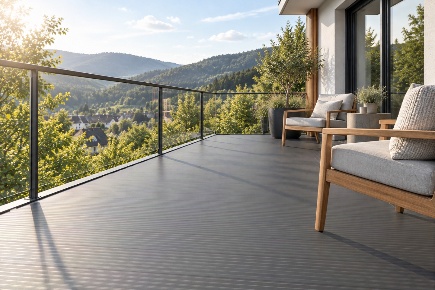 Erweiterter Balkon mit dunkelgrauen AluTeck-Aluminiumdielen, Glasgeländer und Teaksesseln mit Blick ins Kinzigtal