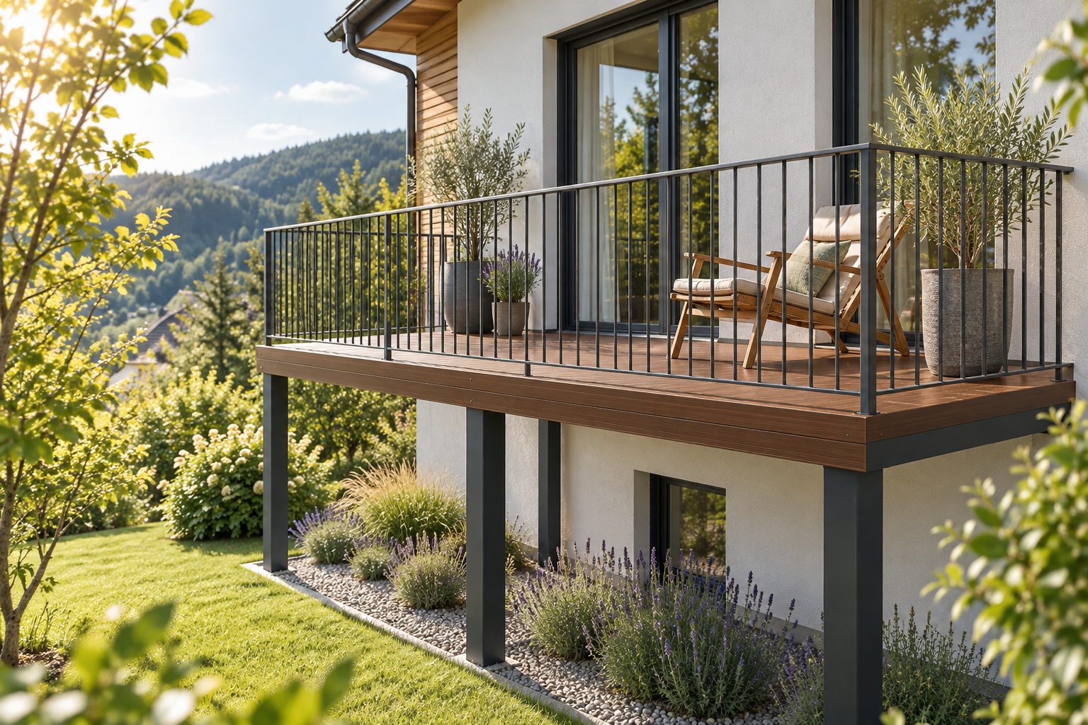 Vorgestellter Stahlbalkon auf vier Stützen mit Dielen in Holzoptik dunkel und anthrazitfarbenem Stabgeländer an der Gartenseite eines Hauses