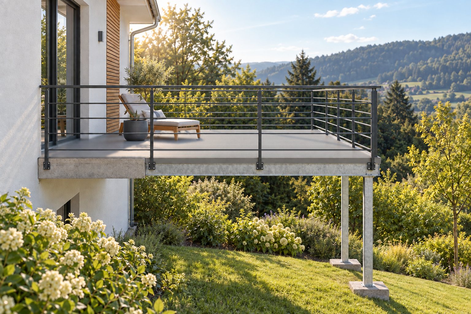 Nachher: Betonbalkon mit angesetztem verzinktem Stahlrahmen auf zwei Stützen vergrößert, durchgehender Belag aus mittelgrauen AluTeck-Aluminiumdielen, umlaufendes Geländer