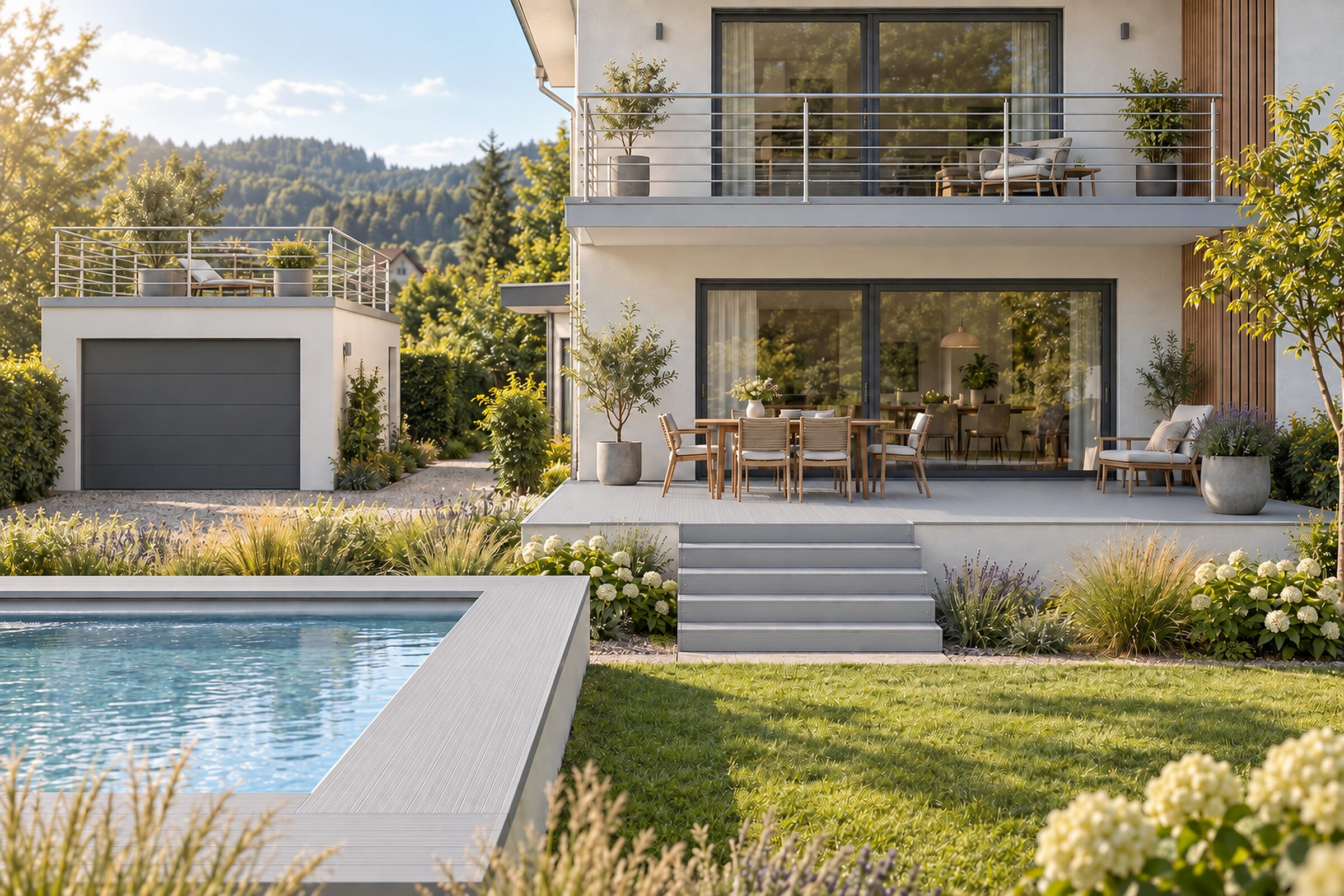 Modernes Haus mit Balkon, Dachterrasse über der Garage, Terrasse, Außentreppe und Poolumrandung — alle Flächen mit der AluTeck Allwetterdiele belegt