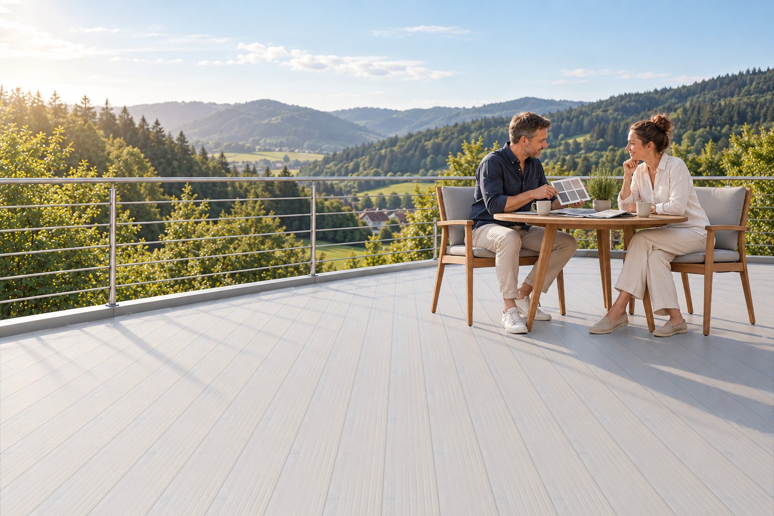 Beratungsgespräch am Tisch auf einem Balkon mit hellgrauer AluTeck-Aluminiumdiele, Blick ins Kinzigtal