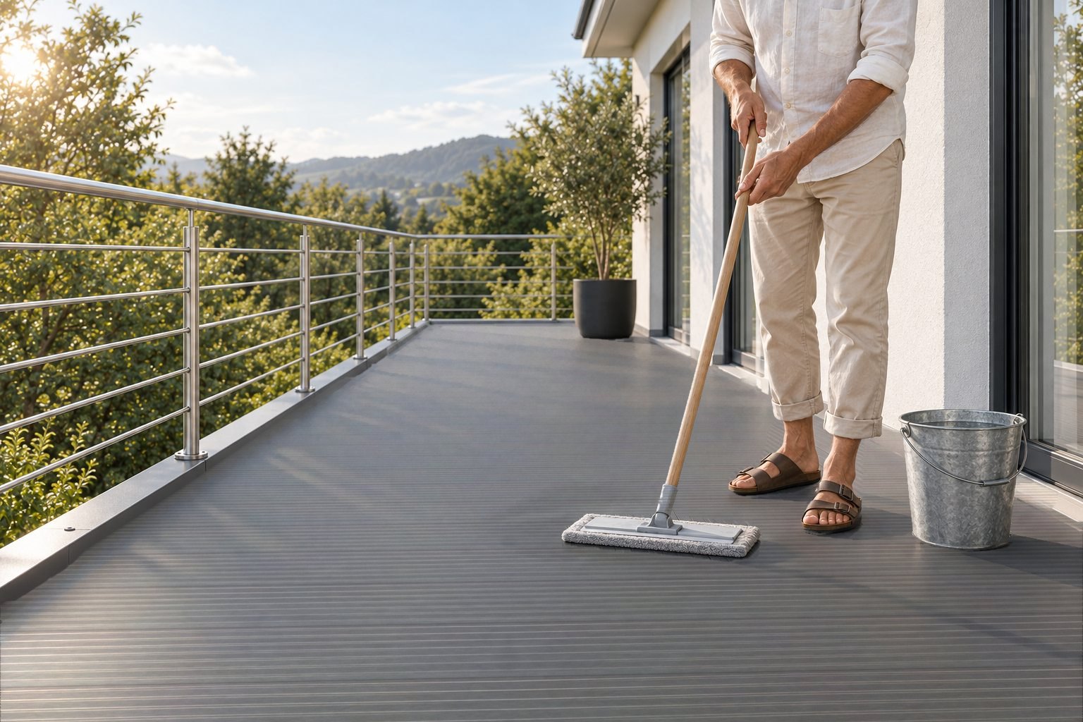 Person wischt einen Balkon mit grauer AluTeck-Aluminiumdiele mit einem Flachmopp