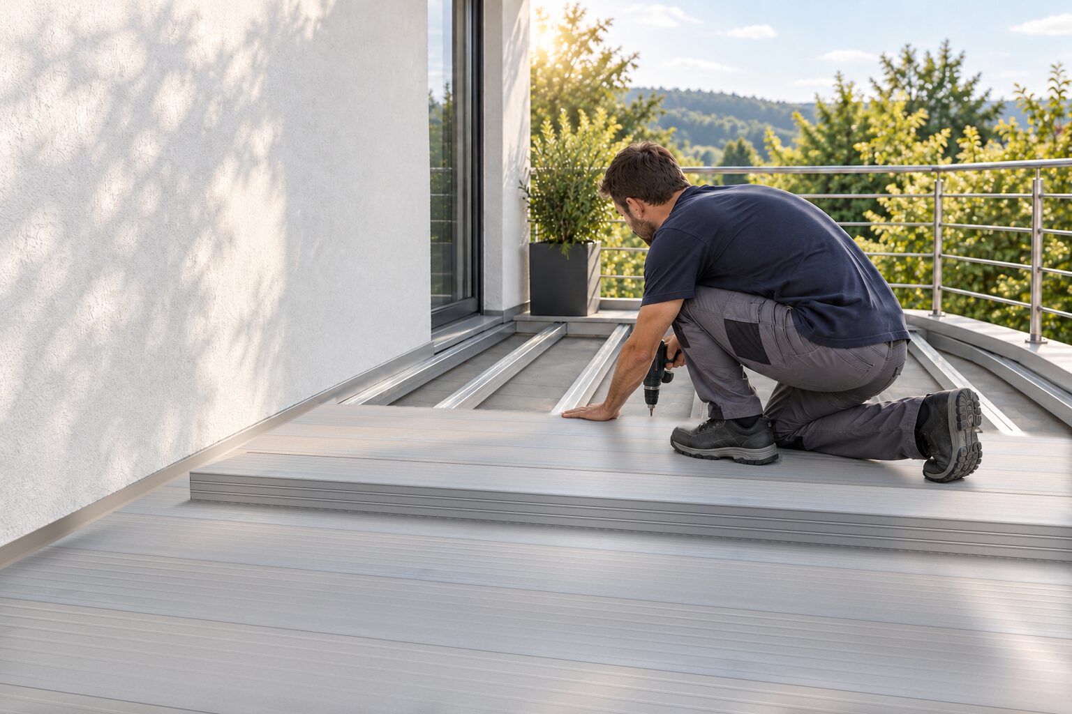 Handwerker verschraubt hellgraue AluTeck-Aluminiumdielen auf einem Balkon, daneben liegen die nächsten Dielen in voller Länge
