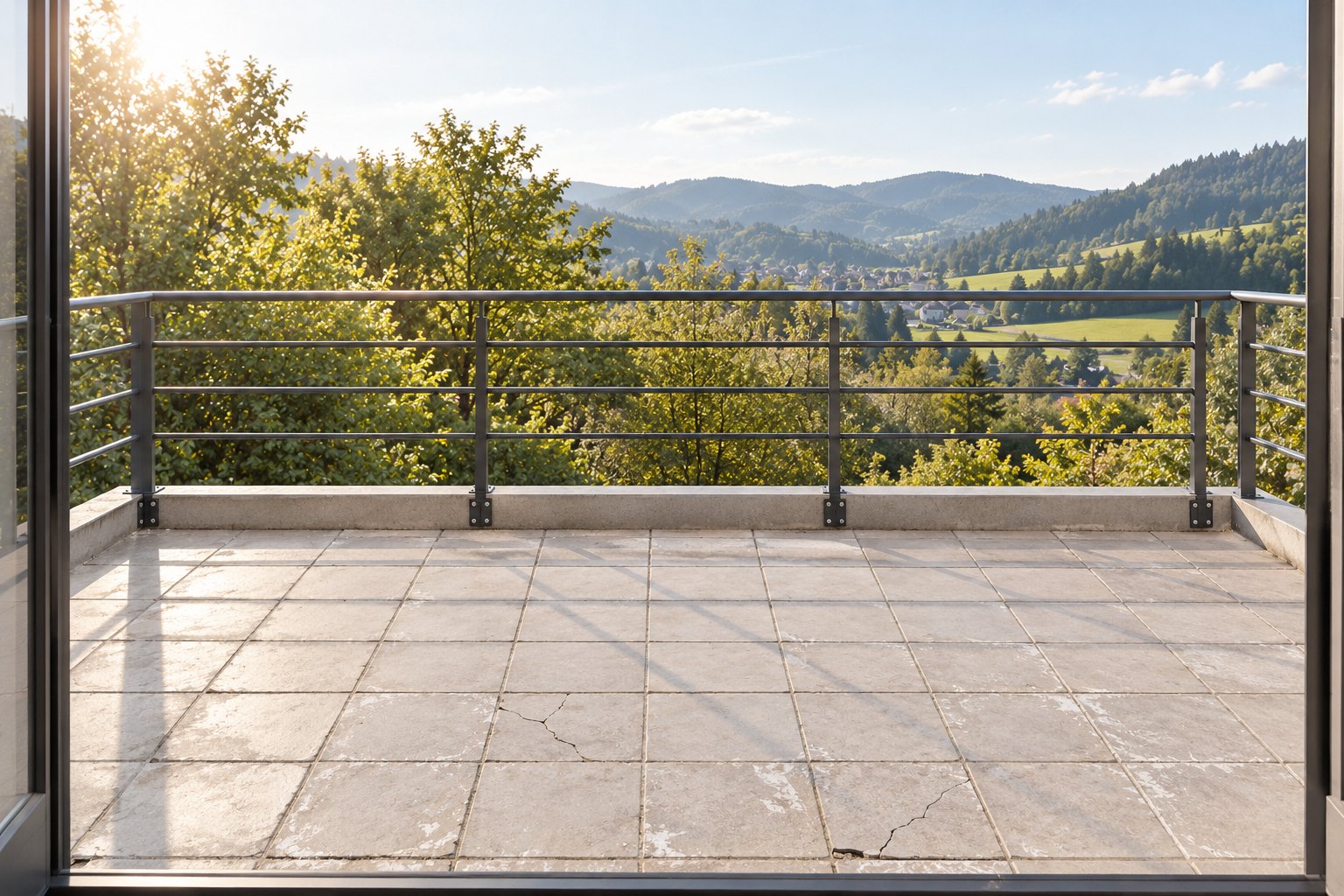 Balkon im Obergeschoss mit verwittertem, gerissenem Fliesenbelag vor der Sanierung, Blick über das Geländer ins Tal