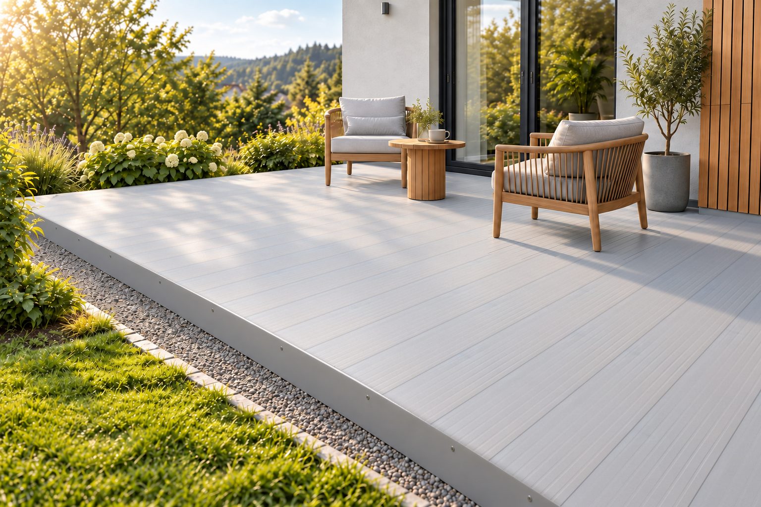 Ebenerdige Terrasse mit hellgrauen AluTeck-Aluminiumdielen, die rechtwinklig von der Terrassentür in den Garten laufen, zwei Teaksessel und gleichfarbiger Abdeckwinkel an der Kante
