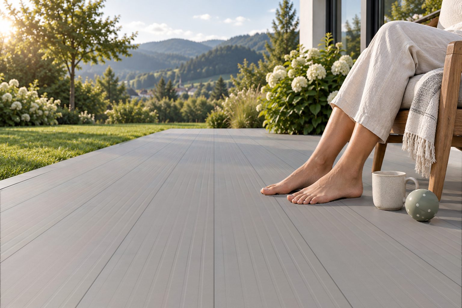 Nackte Füße auf einer Terrasse mit hellgrauer AluTeck-Aluminiumdiele neben einem Gartenstuhl