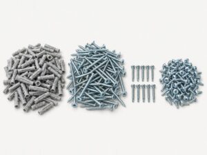 Schrauben-Satz für Fliesenunterbau: graue Dübel 6 × 36 mm, Torx-Schrauben 5 × 60 mm, lange Bohrschrauben 4,2 × 45 mm und kurze Bohrschrauben 4,2 × 16 mm