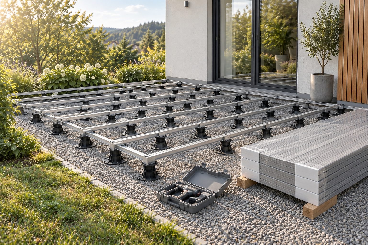 Unterbau einer bodenebenen Terrasse mit Stelzlagern und Aluminiumträgern auf Kies, links Rasen, rechts verpackte Dielen