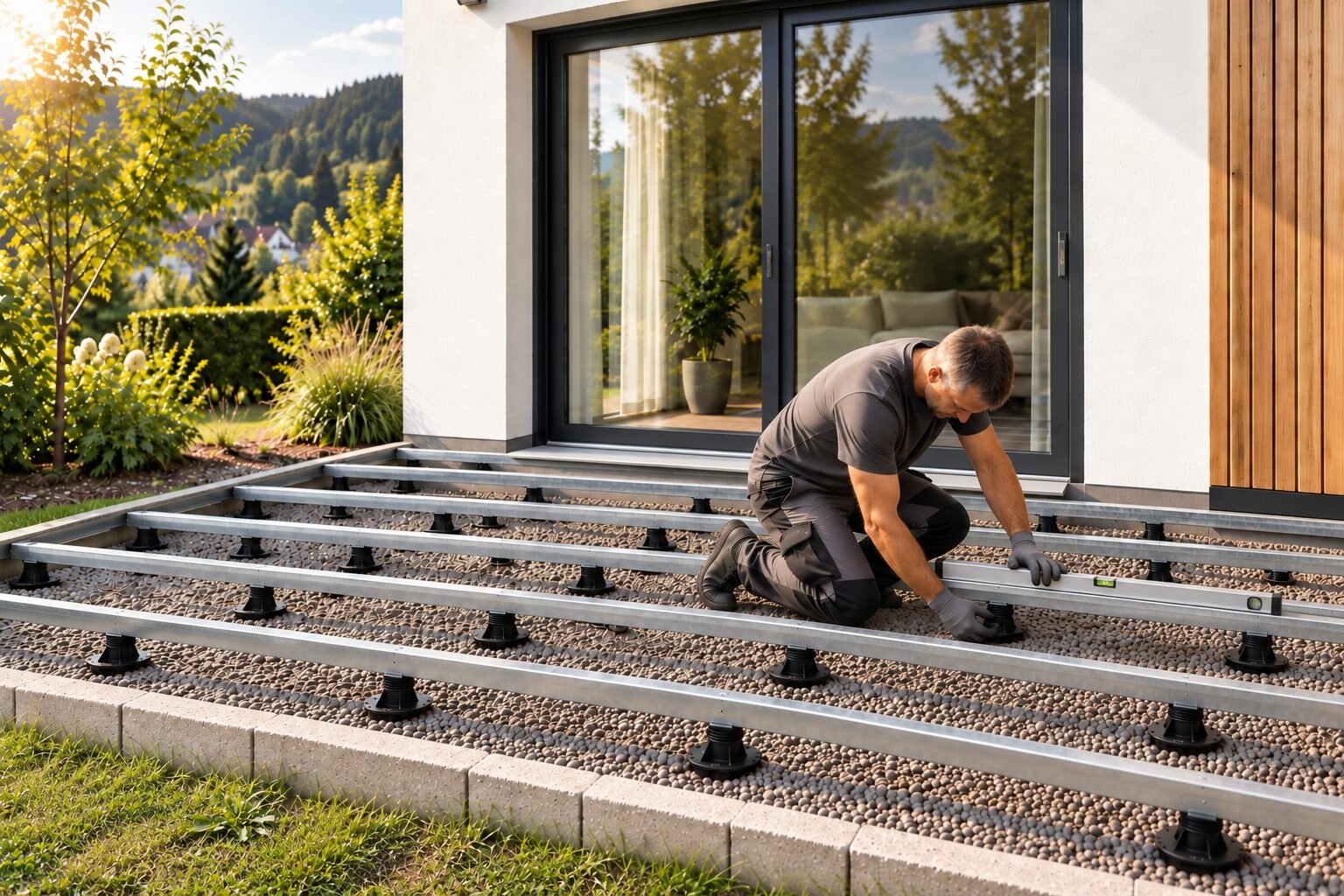 Monteur richtet die verzinkte Stahl-Unterkonstruktion einer Terrasse aus: die Wasserwaage liegt auf dem Träger, mit der anderen Hand stellt er das Stelzlager nach; die Träger laufen parallel zur Hauswand