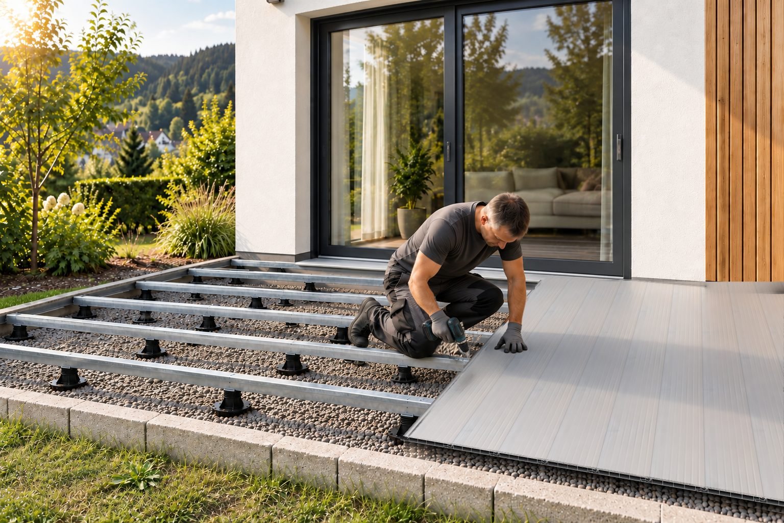 Monteur verschraubt die zuletzt verlegte hellgraue AluTeck-Diele unten an der Einhängelasche mit der Stahl-Unterkonstruktion; der rechte Teil der Terrasse ist schon verlegt, vorn sind die offenen Profilenden zu sehen