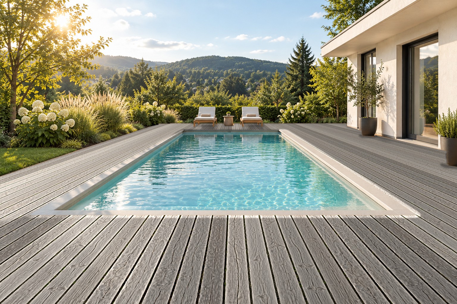 Rechteckiger Pool im Garten eines Einfamilienhauses mit alter, silbergrau verwitterter Holzumrandung mit offenen Fugen und Rissen