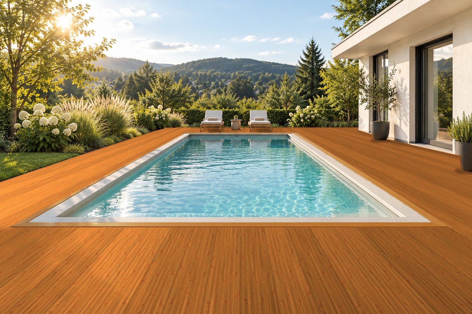 Derselbe Pool nach der Sanierung mit einer Umrandung aus AluTeck-Aluminiumdielen in Holz hell, zwei Liegen am hinteren Beckenende